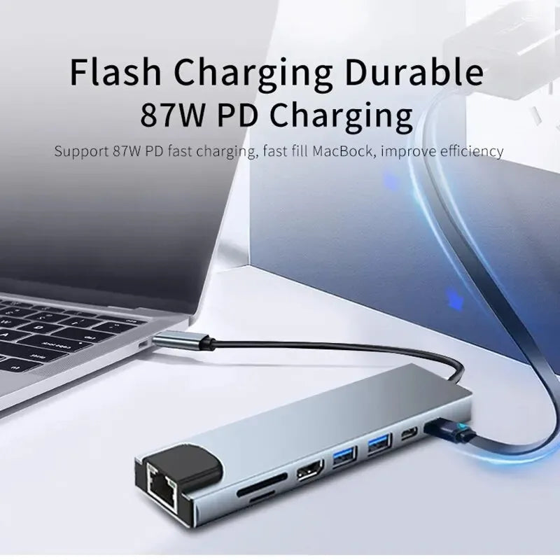 Hub USB-C 8 em 1 Ultra Dock Station – Expansor Pro 4K HDMI, Rede RJ45 de Alta Velocidade