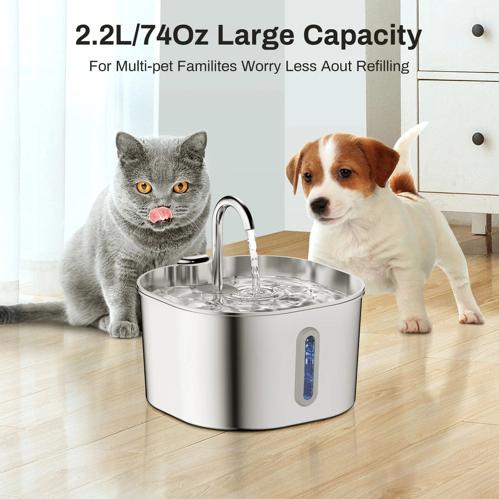 Fonte de Água Automática Pet em Aço Inox 2.2L com Sistema de Filtragem e Bomba Ultra-Silenciosa