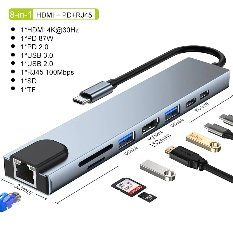 Hub USB-C 8 em 1 Ultra Dock Station – Expansor Pro 4K HDMI, Rede RJ45 de Alta Velocidade