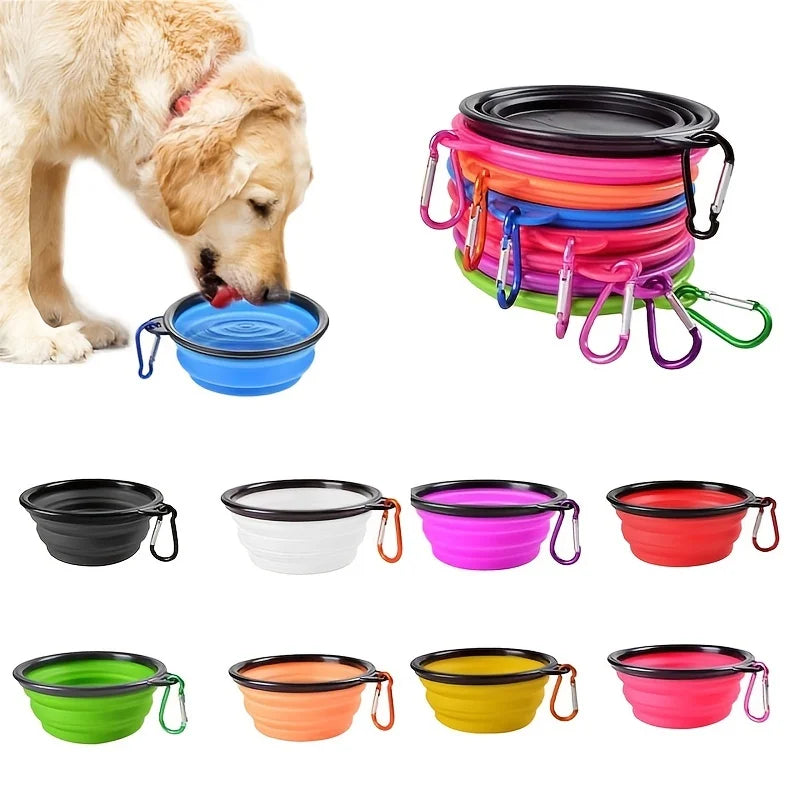 Tigela Retrátil Dobrável para Ração e Água Pet com Mosquetão (Pote Portátil de Viagem)